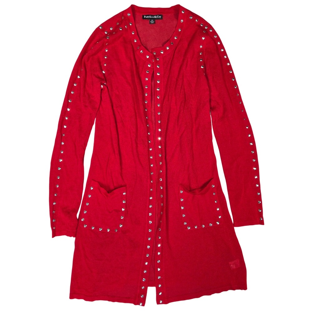 Pamela McCoy Red Studded Open Front Duster Cardigan Sweater XS Embellished Long